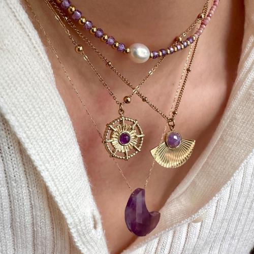 Titanium Steel Necklace with Amethyst & Plastic Pearl gold color plated & for woman Sold By PC
