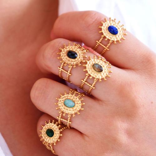 Partículas de aço Cuff Ring Finger, with misto de pedras semi-preciosas, Flor, cromado de cor dourada, materiais diferentes para a escolha & unissex, tamanho:6-9, vendido por PC