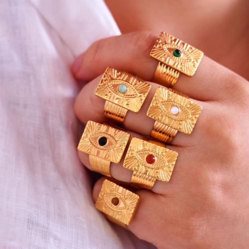 Partículas de aço Cuff Ring Finger, with misto de pedras semi-preciosas, Padrão Geométrico, cromado de cor dourada, materiais diferentes para a escolha & unissex, tamanho:6-9, vendido por PC