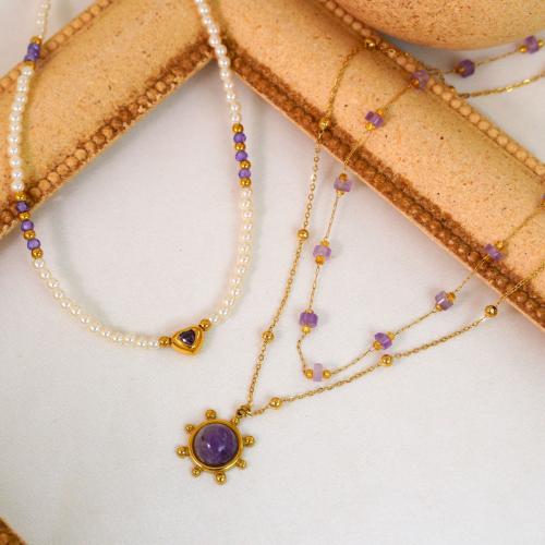 Titanium Steel Necklace with Amethyst & Plastic Pearl gold color plated & for woman Sold By PC