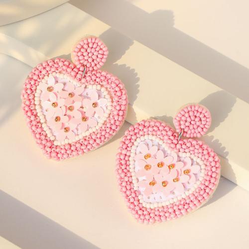 Bijoux boucles d'oreilles, Seedbead, avec tissu & verre, bijoux de mode, rose, Vendu par paire