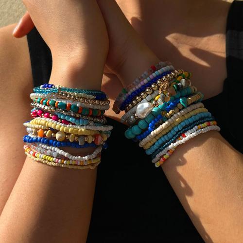 Pulseras de Moda, Vidrio, con plástico recubierto de cobre & Perlas plásticas, Joyería, más colores para la opción, 17PCs/Set, Vendido por Set