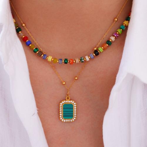 Partículas de aço Pulseira e colar, with Pedra natural & malaquitta, cromado de cor dourada, Vario tipos a sua escolha & para mulher & com strass, vendido por PC