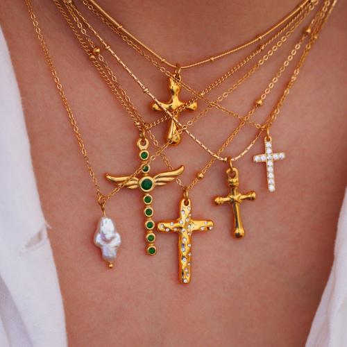 Cruach Tíotáiniam Muince, le Cloch Nádúrtha, Cross, dath an óir plated, stíleanna éagsúla do rogha & do bhean & le rhinestone, Fad Thart 16-18 Inse, Díolta De réir PC