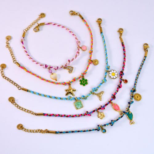 Partículas de aço pulseira, with Pedra natural & Corda de poliéster, cromado de cor dourada, Vario tipos a sua escolha & para mulher & esmalte & com strass, comprimento Aprox 6-8 inchaltura, vendido por PC