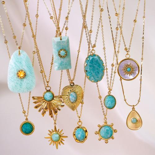 Titanium Steel Necklace with ​Amazonite​ & Shell gold color plated & for woman Length Approx 16-18 Inch Sold By PC