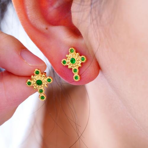 Titanium Steel Stud Earring Cross gold color plated for woman & with rhinestone Sold By Pair