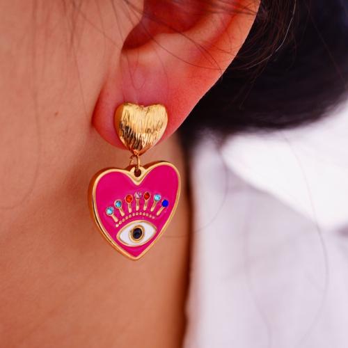 304 Stainless Steel Drop Earring Evil Eye gold color plated for woman & enamel Sold By Pair