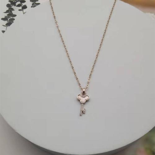 Titanium Stål Halskæde, med White Shell, Nøgle, guldfarve belagt, for kvinde & med rhinestone, Længde Ca. 16-18 inch, Solgt af PC