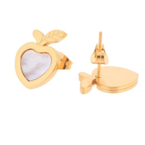 Titanium Stål Stud Earring, med White Shell, Apple, guldfarve belagt, mode smykker & for kvinde, 10mm, Solgt af par