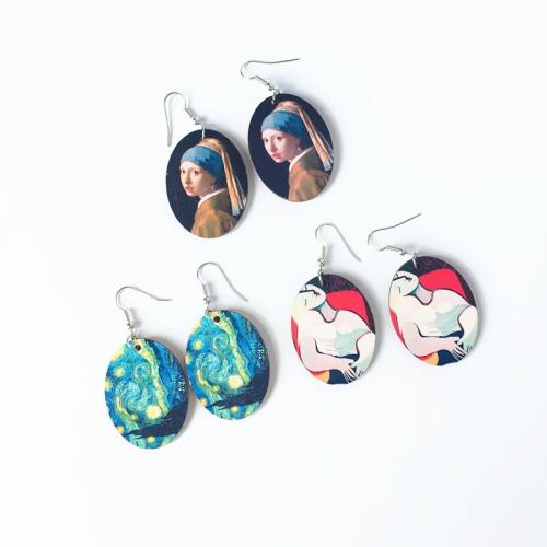 Wood Drop Earring with Zinc Alloy Oval printing & for woman Sold By Pair
