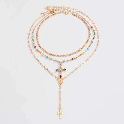Multi Layer Necklace Zinc Alloy with brass chain & iron chain & Crystal & Acrylic plated three pieces & fashion jewelry & for woman Sold By Set