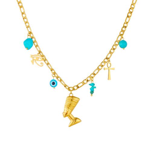 Collier de bijoux en acier inoxydable, Acier inoxydable 304, avec turquoise & plastique, Placage de couleur d'or, bijoux de mode & pour femme, Vendu par PC