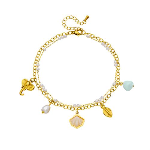 Anello in acciaio inox, 304 acciaio inox, with pietrastone & conchiglia & perla in plastica, placcato, Doppio strato & gioielli di moda & per la donna, dorato, Venduto da PC