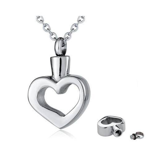 304 rustfrit stål Cinerary kiste vedhæng, Heart, sølvfarvet forgyldt, du kan DIY, sølv, 25x20x6mm, Solgt af PC