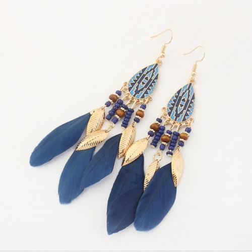 alliage de zinc boucle d'oreille en gland, avec Seedbead & plume, Placage, Style bohème & pour femme & émail, plus de couleurs à choisir, 160x60x2mm, Vendu par paire