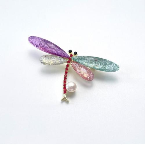 Zinc Alloy Brooch with Freshwater Pearl & Glass Dragonfly gold color plated for woman & with rhinestone Sold By PC