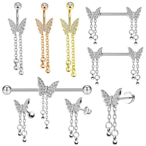 Stal nierdzewna 304 Skórne Piercing Biżuteria, Motyl, Powlekane, dla obu płci & różne style do wyboru & z kamieniem, sprzedane przez PC