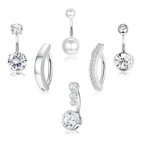304 rozsdamentes acél belly ring, -val Műanyag Pearl & Sárgaréz, galvanizált, 6 darab & egynemű & mikro egyengetni cirkónia, több színt a választás, 1.60x10x5mm, Által értékesített Set