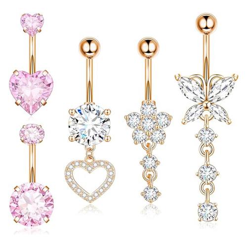 Acier inoxydable 304 anneau de ventre, avec laiton, Plaqué de couleur d'or rose, unisexe & styles différents pour le choix & pavé de micro zircon, 1.60x10x5mm, Vendu par PC