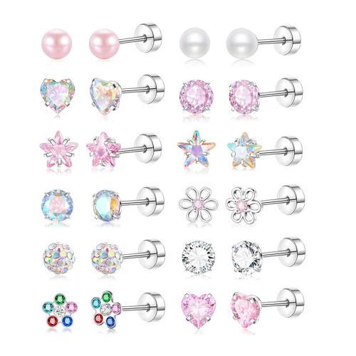 304 acciaio inox orecchino piercing, with perla in plastica, placcato color argento, unisex & Micro spianare cubic zirconia, 0.80x6x4mm, Venduto da set