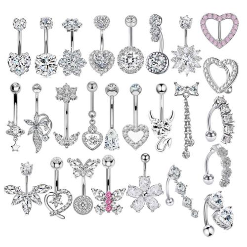 304 rozsdamentes acél belly ring, -val Sárgaréz, ezüst színű bevonattal, egynemű & különböző stílusokat a választás & mikro egyengetni cirkónia, 1.60x10x5mm, Által értékesített PC