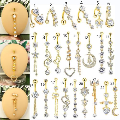 304 rozsdamentes acél belly ring, -val Sárgaréz, arany színű aranyozott, egynemű & különböző stílusokat a választás & mikro egyengetni cirkónia, 1.60x10x5mm, Által értékesített PC