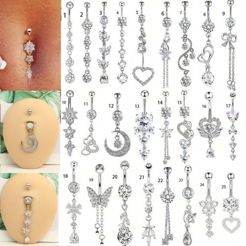 304 rozsdamentes acél belly ring, -val Sárgaréz, ezüst színű bevonattal, egynemű & különböző stílusokat a választás & mikro egyengetni cirkónia, 1.60x10x5mm, Által értékesített PC