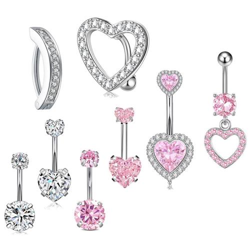 304 rozsdamentes acél belly ring, -val Sárgaréz, ezüst színű bevonattal, egynemű & különböző stílusokat a választás & mikro egyengetni cirkónia, 1.60x10x5mm, Által értékesített PC