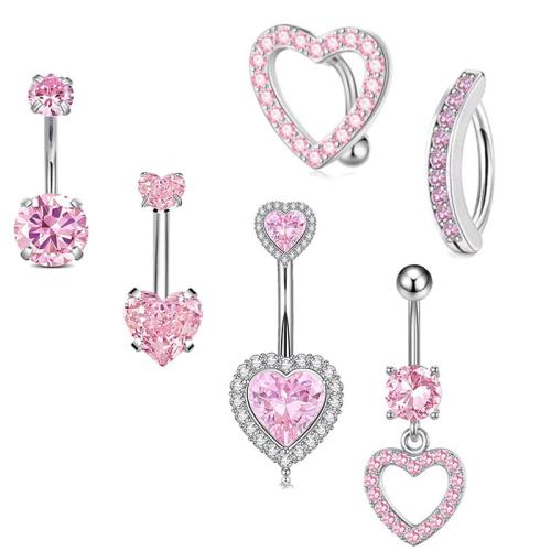 304 rozsdamentes acél belly ring, -val Sárgaréz, ezüst színű bevonattal, egynemű & különböző stílusokat a választás & mikro egyengetni cirkónia, 1.60x10x5mm, Által értékesített PC