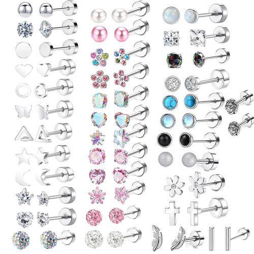 304 Stainless Steel Piercing Earring with Plastic Pearl & Brass silver color plated Unisex & micro pave cubic zirconia pole length 6mm Sold By Pair