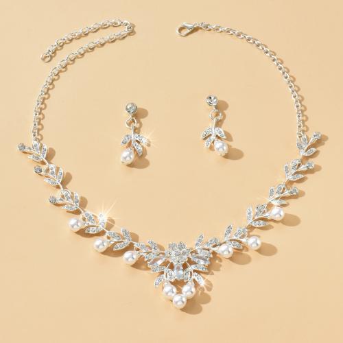 Set gioielli in lega di zinco, Orecchino a bottone & Collana, lega in zinco, with perla in plastica, placcato, 2 pezzi & per la donna & con strass, nessuno, Venduto da set