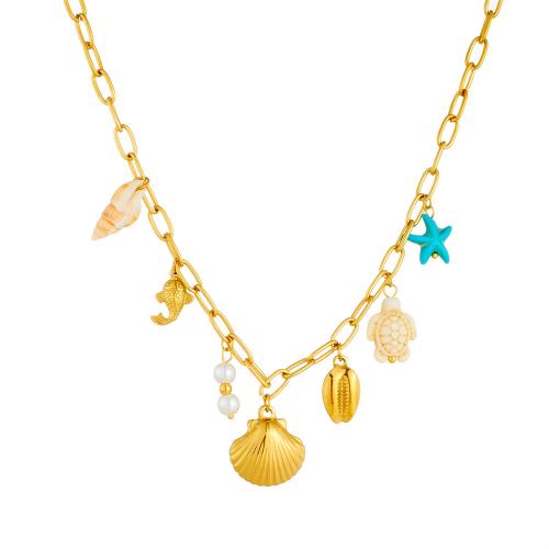 Jewelry Cruach dhosmálta muince, 304 Cruach dhosmálta, le turquoise & Shell & Pearl Plaisteacha, dath an óir plated, jewelry faisin & do bhean, Díolta De réir PC