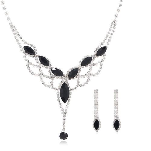 Gioielli Brass Set, Orecchino a bottone & Collana, ottone, with cristallo, with 7cm extender chain, placcato color argento, 2 pezzi & per la donna & con strass & cavo, Lunghezza 32 cm, Venduto da set