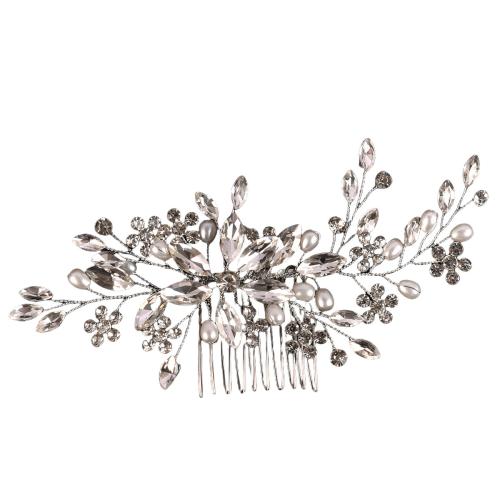 Bridal Decorative Hair Comb Zinc Alloy with brass wire & Crystal & Plastic Pearl handmade fashion jewelry & for woman silver color Sold By PC