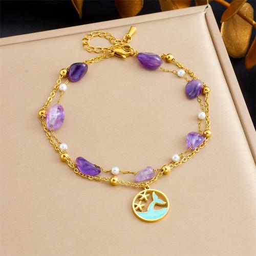 Stainless Steel Anklet 304 Stainless Steel with Stone plated Double Layer & for woman & enamel golden Sold By PC