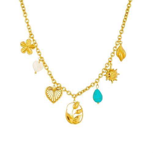 Collier de bijoux en acier inoxydable, Acier inoxydable 304, avec turquoise & coquille, Placage de couleur d'or, bijoux de mode & pour femme, Vendu par PC