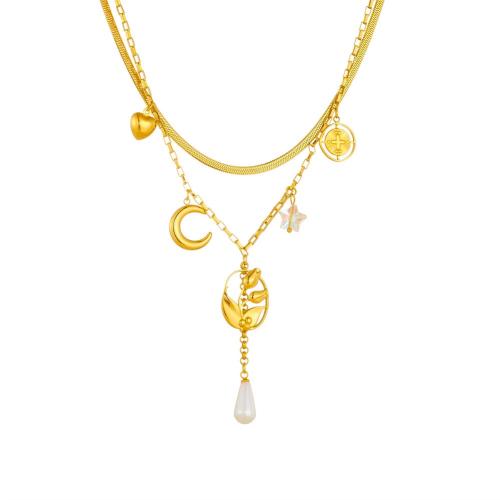 Stainless Steel Jewelry Necklace 304 Stainless Steel with Plastic & Plastic Pearl gold color plated Double Layer & fashion jewelry & for woman Sold By PC