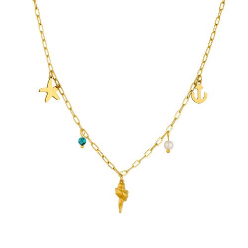Collier de bijoux en acier inoxydable, Acier inoxydable 304, avec turquoise & perle de plastique, Placage, bijoux de mode & pour femme, doré, Vendu par PC