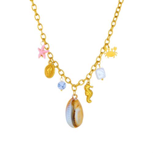 Stainless Steel Jewelry Necklace 304 Stainless Steel with Trumpet Shell & Resin & Plastic Pearl plated fashion jewelry & for woman golden Sold By PC