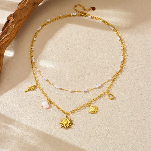 Stainless Steel Jewelry Necklace 304 Stainless Steel with Resin & Plastic Pearl plated Double Layer & for woman golden Sold By PC