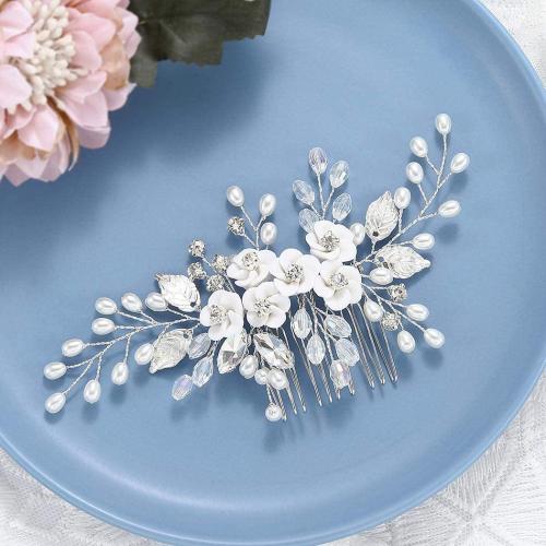 Bridal Decorative Hair Comb Plastic Pearl with brass wire & Polymer Clay & Crystal handmade fashion jewelry & for woman & with rhinestone silver color Sold By Set