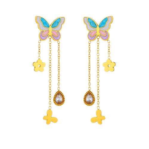 Stainless Steel Drop Earring 304 Stainless Steel plated for woman & enamel & with rhinestone golden Sold By Pair