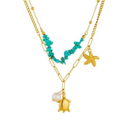 Stainless Steel Jewelry Necklace 304 Stainless Steel with turquoise & Plastic Pearl plated Double Layer & fashion jewelry & for woman golden Sold By PC