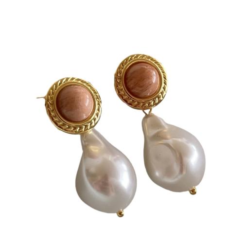 Boucles d'oreilles pendantes en laiton, avec perle de plastique, Placage, bijoux de mode & pour femme, rose, 41x18mm, Vendu par paire