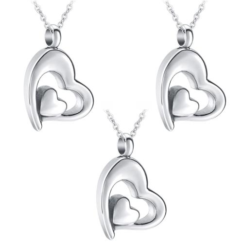304 roestvrij staal Cinerary Kist ketting, Hart, silver plated, DIY, zilver, 20x20mm, Verkocht door PC