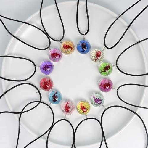 Glass Necklace with Dried Flower & PU Leather Round handmade fashion jewelry & Unisex Length Approx 17.7 Inch Sold By PC