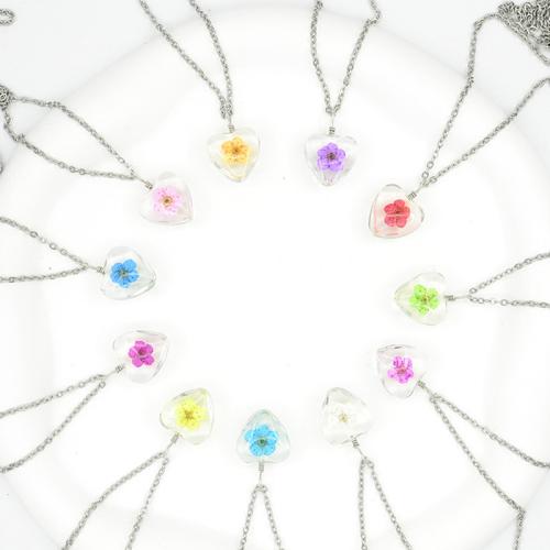Glas Halskæde, med Tørret blomst, Heart, håndlavet, mode smykker & for kvinde, flere farver til valg, Længde Ca. 16-20 inch, Solgt af PC