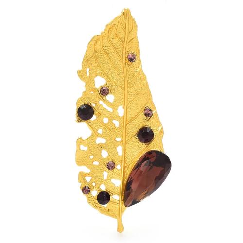 Sinc Alloy Dealg, le Rhinestone, Leaf, plátáilte, jewelry faisin & do bhean & log, dath an óir antique, 70x30x20mm, Díolta De réir PC
