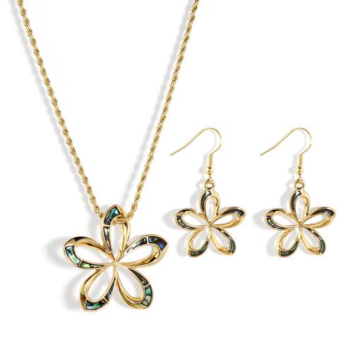 Sinc Alloy Socraigh Jewelry, earring & muince, le slabhra iarann & Chluas mhara Shell, Flower, plátáilte, 2 phíosa & do bhean & log, dathanna níos mó le haghaidh rogha, Díolta De réir Socraigh